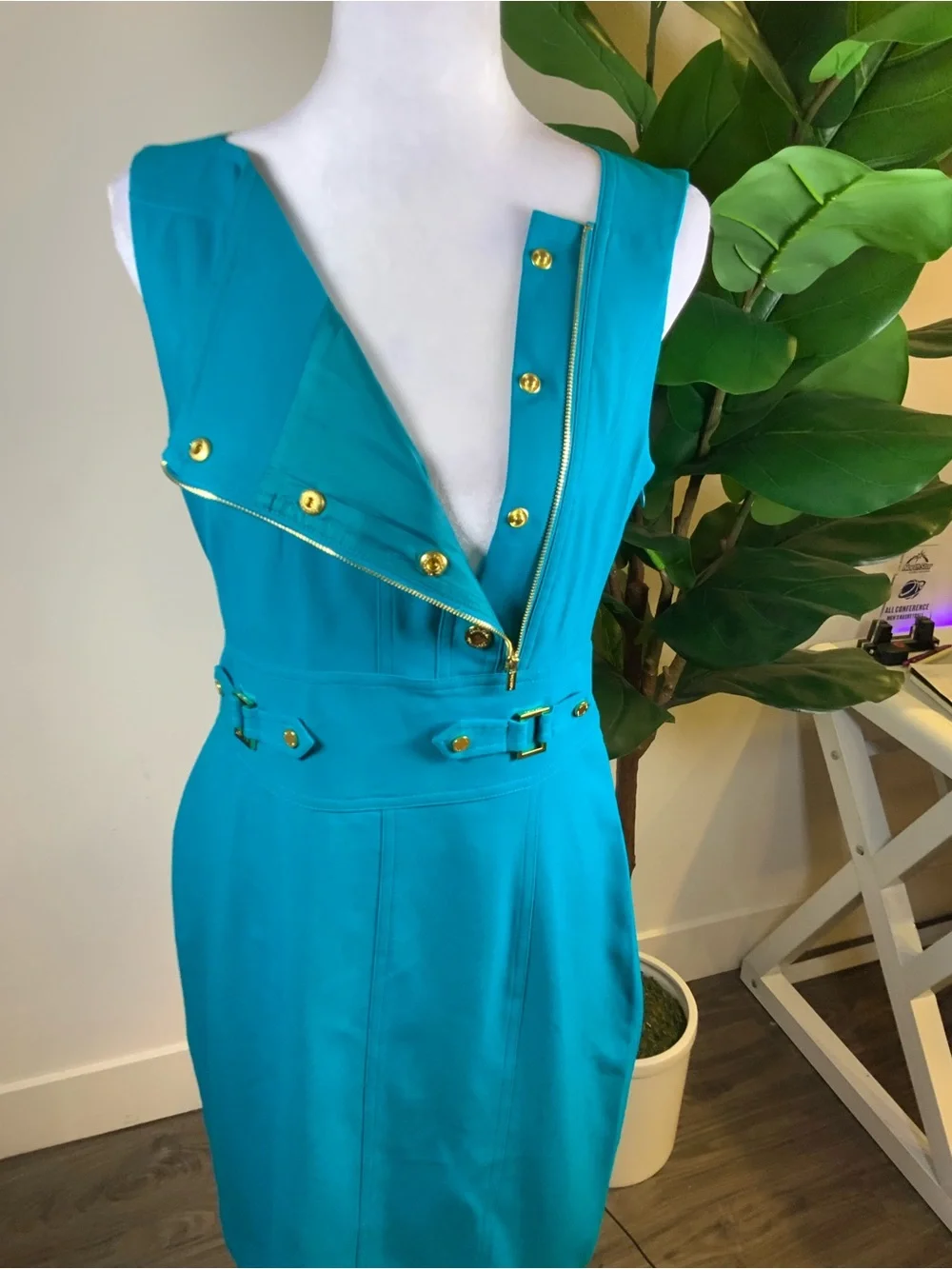 Calvin Klein Teal Sheath Dress with Gold Buttons